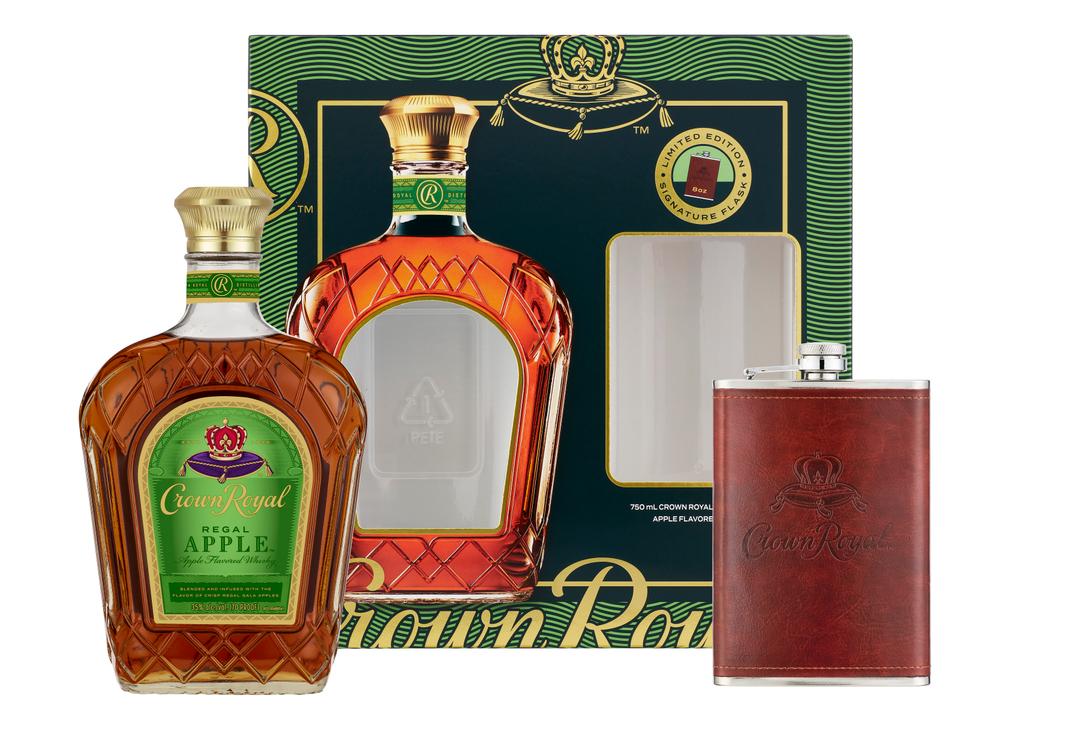 CROWN ROYAL REGAL APPLE FLAVORED WHISKY WITH LEATHER WRAPPED FLASK