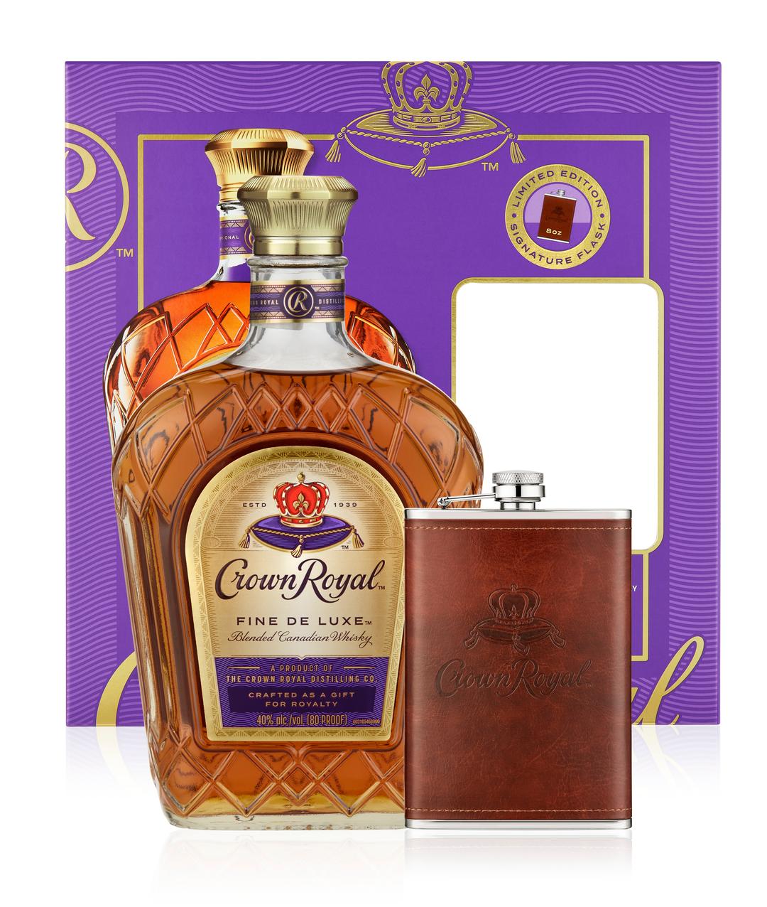 CROWN ROYAL FINE DE LUXE BLENDED CANADIAN WHISKY WITH FAUX LEATHER WRAPPED FLASK