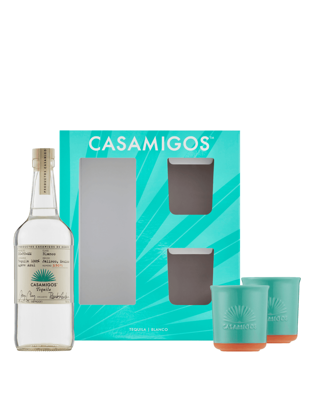 CASAMIGOS BLANCO TEQUILA BOTTLE WITH 2 CERAMIC TUMBLERS