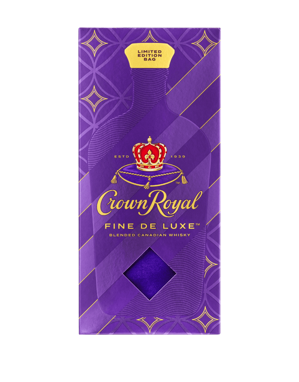 CROWN ROYAL FINE DE LUXE BLENDED CANADIAN WHISKY BOTTLE WITH LIMITED-EDITION HOLIDAY BAG AND BOX