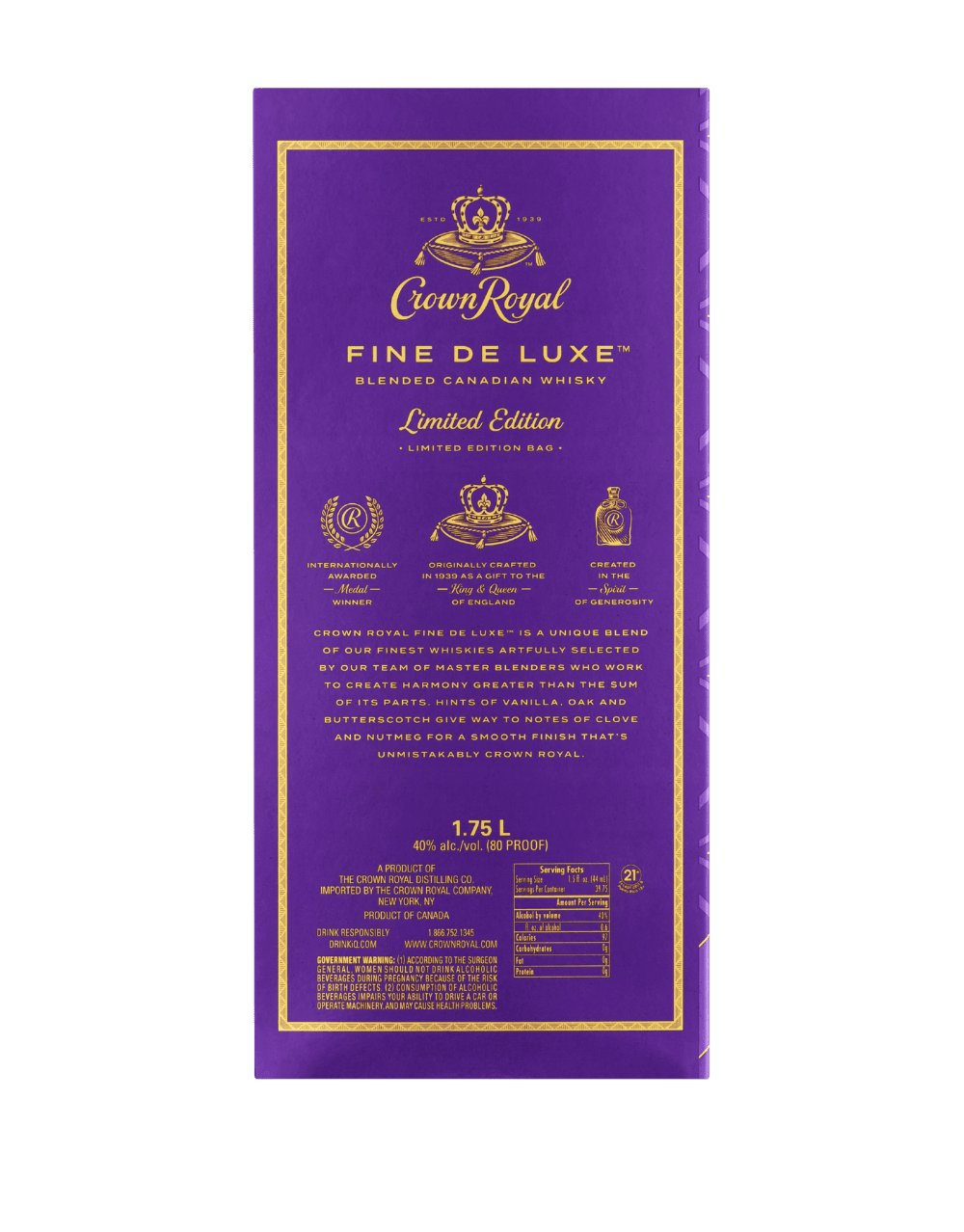 CROWN ROYAL FINE DE LUXE BLENDED CANADIAN WHISKY BOTTLE WITH LIMITED-EDITION HOLIDAY BAG AND BOX
