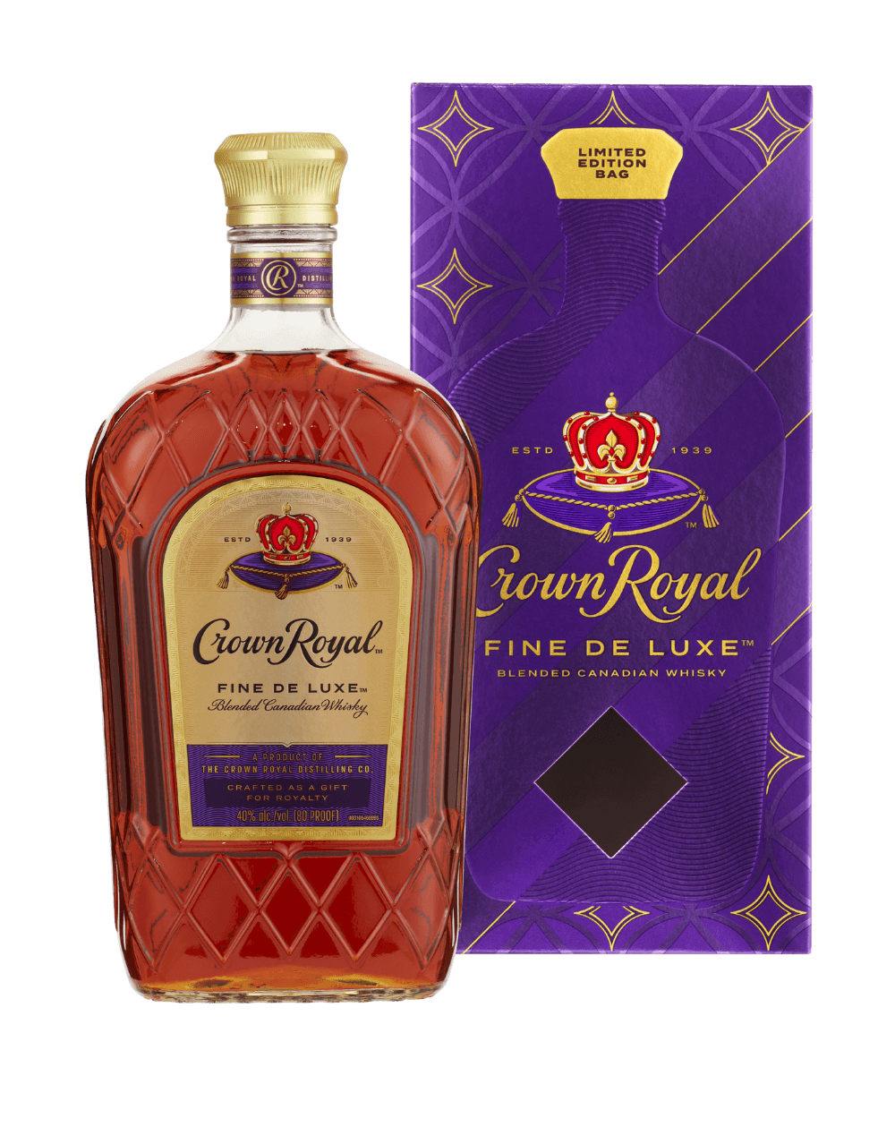 CROWN ROYAL FINE DE LUXE BLENDED CANADIAN WHISKY BOTTLE WITH LIMITED-EDITION HOLIDAY BAG AND BOX