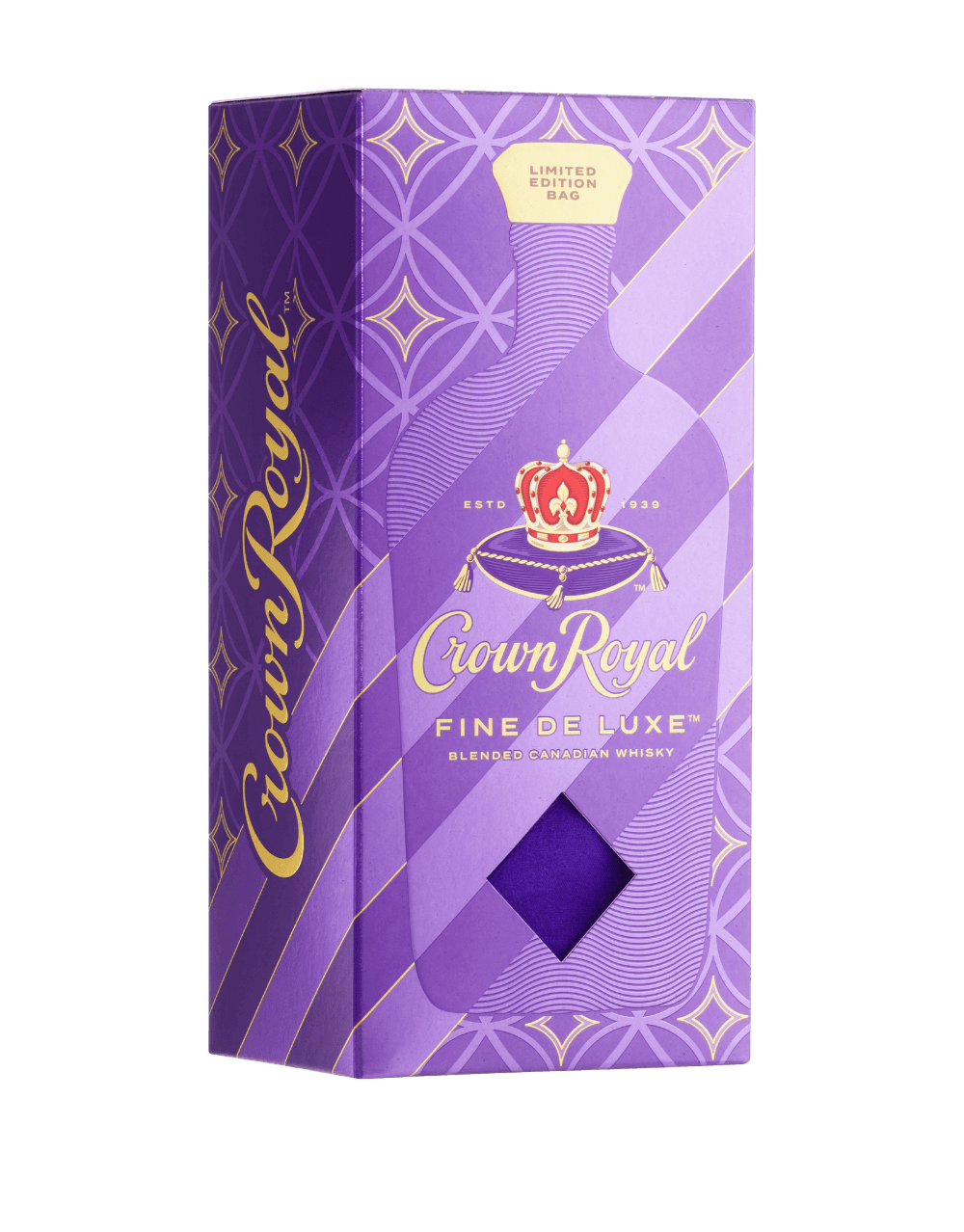 CROWN ROYAL FINE DE LUXE BLENDED CANADIAN WHISKY BOTTLE WITH LIMITED-EDITION HOLIDAY BAG AND BOX