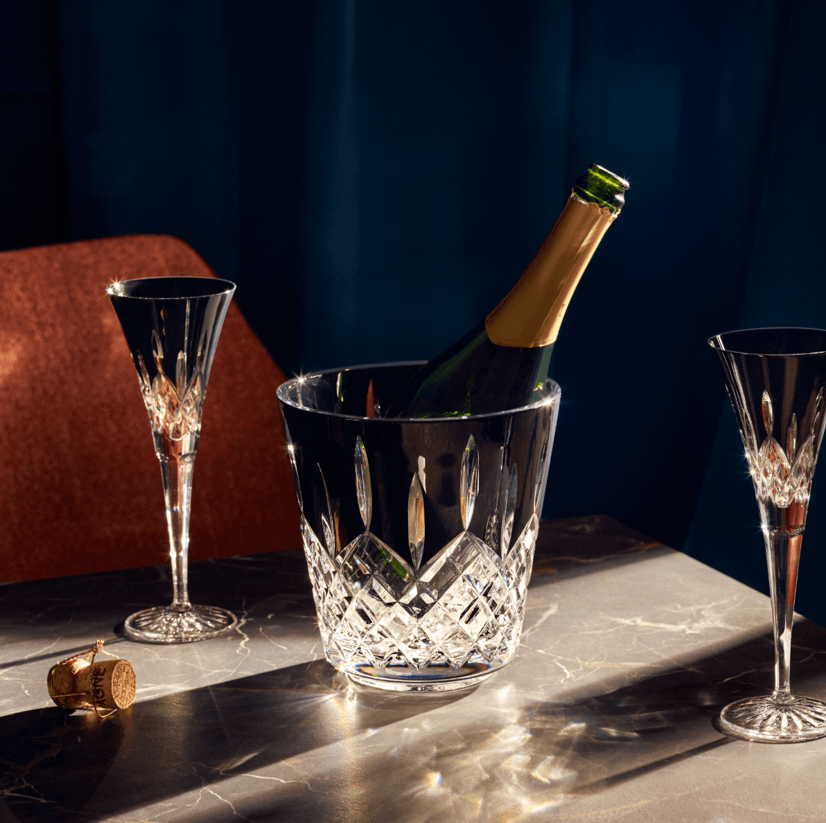 WATERFORD LISMORE BLACK ICE BUCKET & TONGS