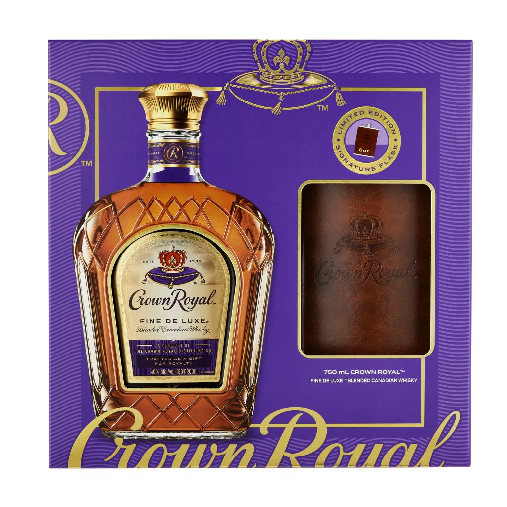 CROWN ROYAL FINE DE LUXE BLENDED CANADIAN WHISKY WITH FAUX LEATHER WRAPPED FLASK