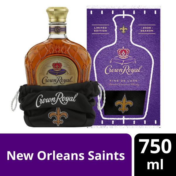 CROWN ROYAL FINE DE LUXE BLENDED CANADIAN WHISKY, 750 ML BOTTLE WITH NEW ORLEANS SAINTS BAG