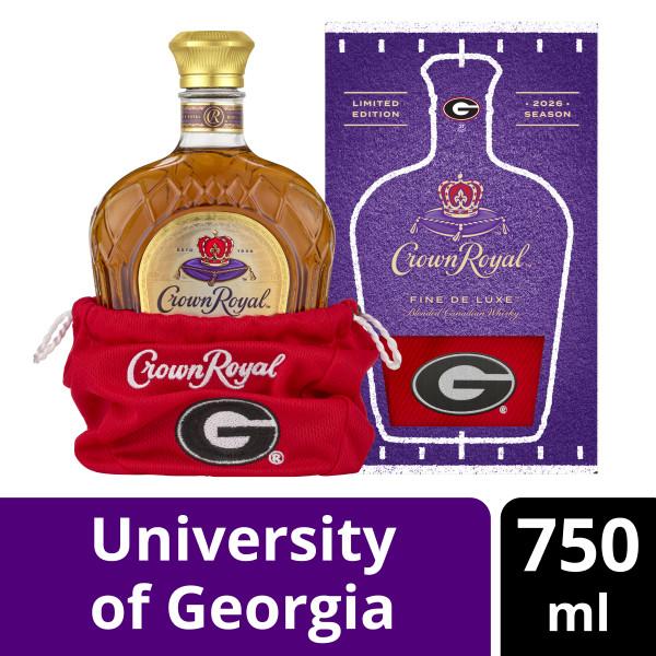 CROWN ROYAL FINE DE LUXE BLENDED CANADIAN WHISKY, 750 ML BOTTLE WITH UNIVERSITY OF GEORGIA BULLDOGS BAG