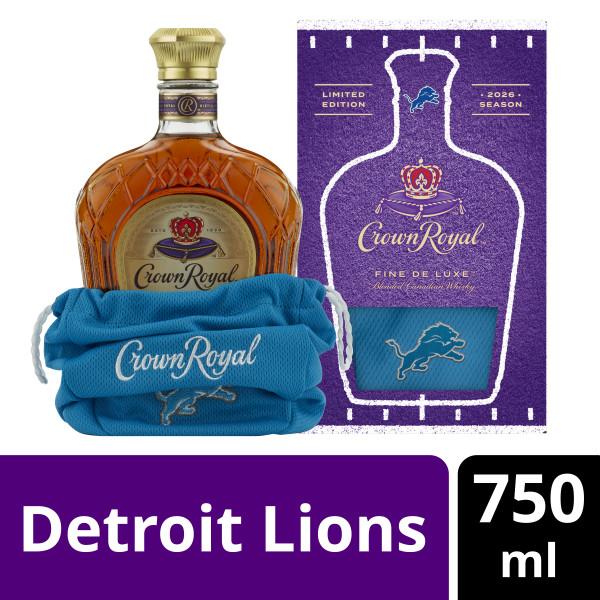 CROWN ROYAL FINE DE LUXE BLENDED CANADIAN WHISKY, 750 ML BOTTLE WITH DETROIT LIONS BAG
