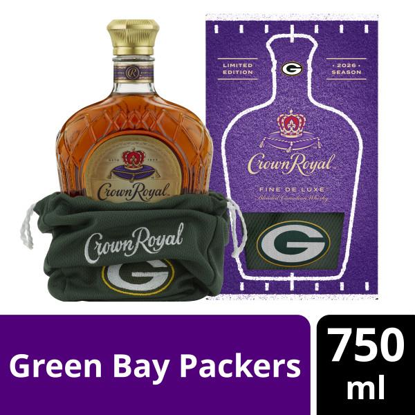 CROWN ROYAL FINE DE LUXE BLENDED CANADIAN WHISKY, 750 ML BOTTLE WITH GREEN BAY PACKERS BAG