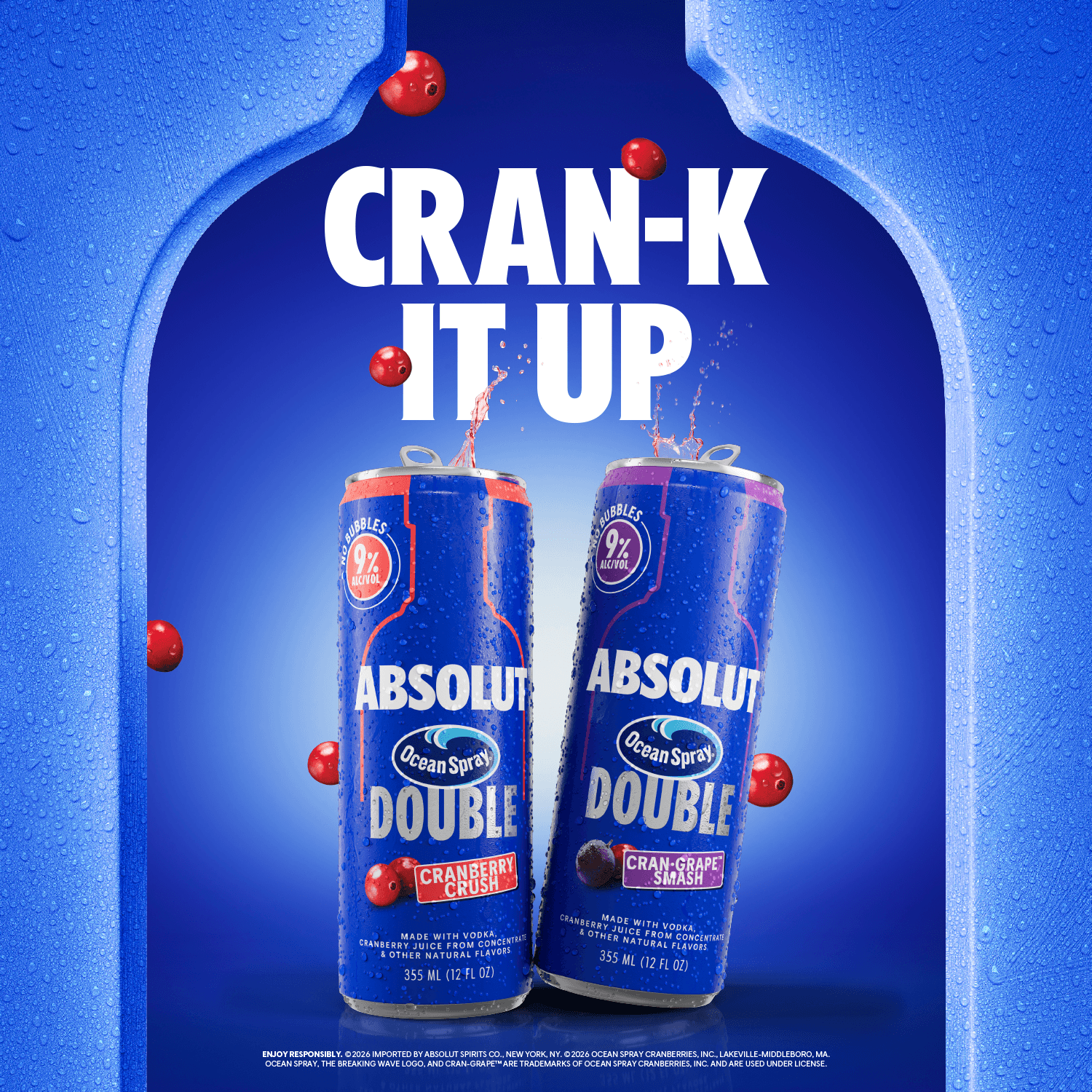 ABSOLUT OCEAN SPRAY DOUBLE CRANBERRY CRUSH READY TO DRINK VODKA COCKTAIL, 4 PACK, 12 OZ CANS