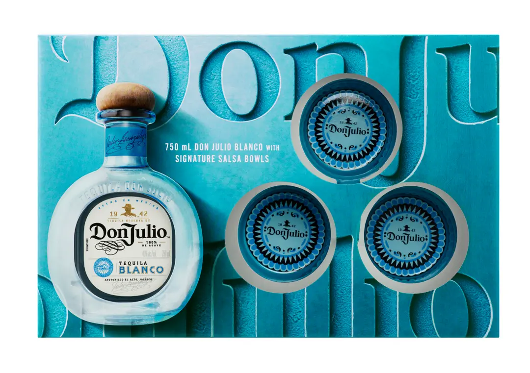 DON JULIO BLANCO TEQUILA BOTTLE WITH THREE SALSA BOWLS