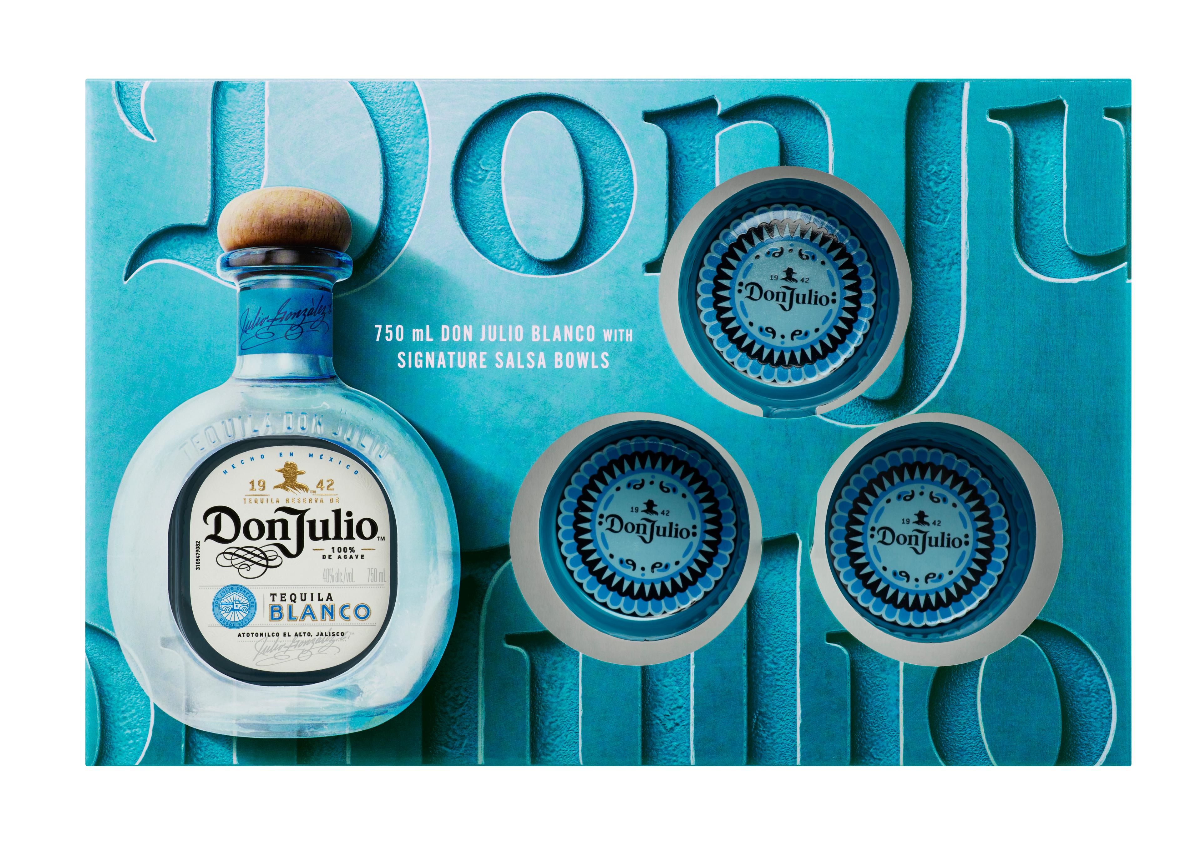 DON JULIO BLANCO TEQUILA BOTTLE WITH THREE SALSA BOWLS