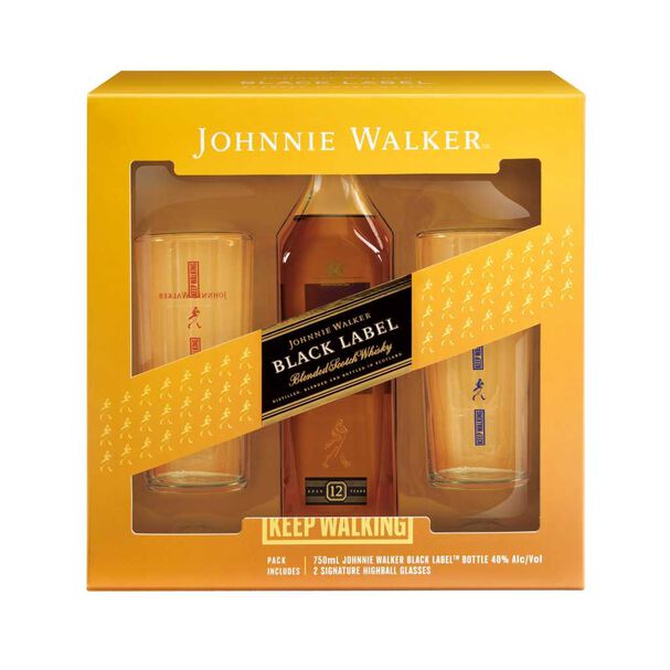 Johnnie Walker Black Label Blended Scotch Whiskey with Two Branded Highball Glasses, , main_image