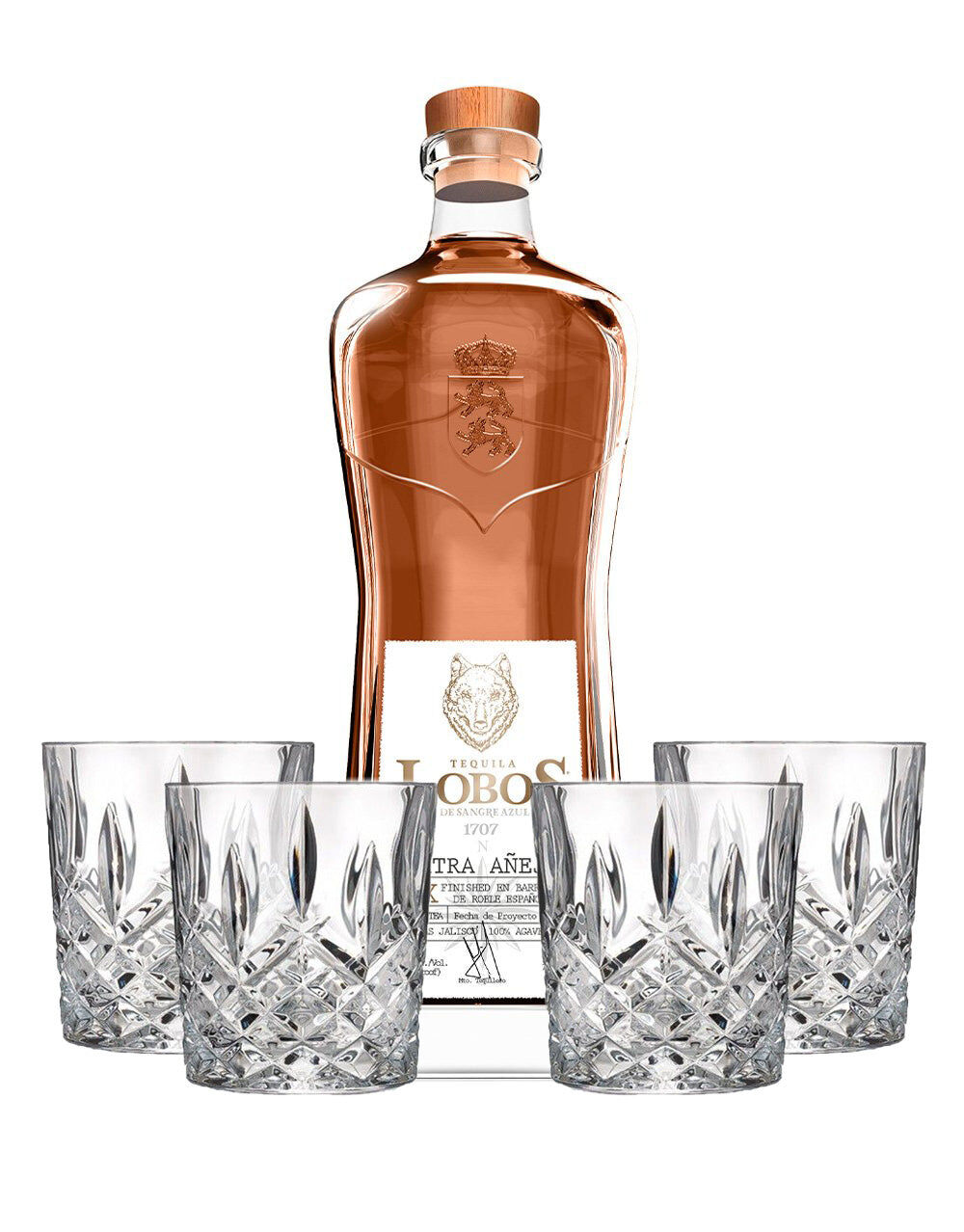 Lobos 1707 Tequila Extra Añejo with 4 Markham Marquis by Waterford Double Old Fashioned Glasses, , main_image