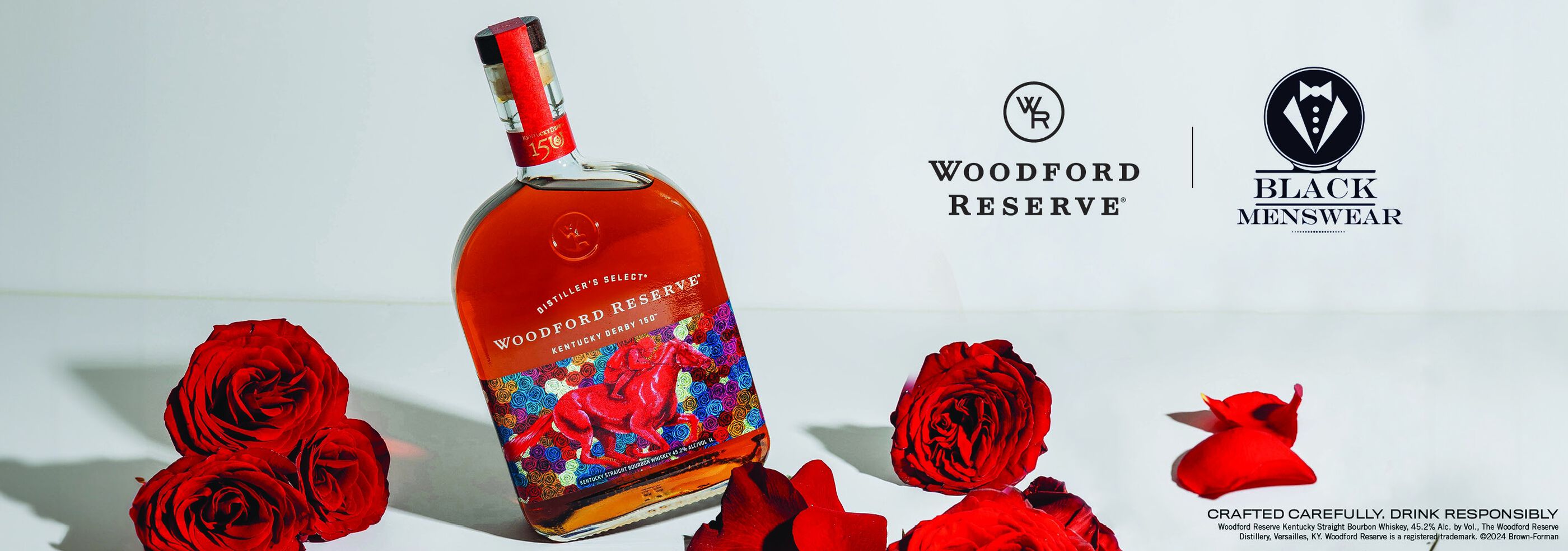 Woodford Reserve 2024 Kentucky Derby Bottle with some roses and Black Menswear logo