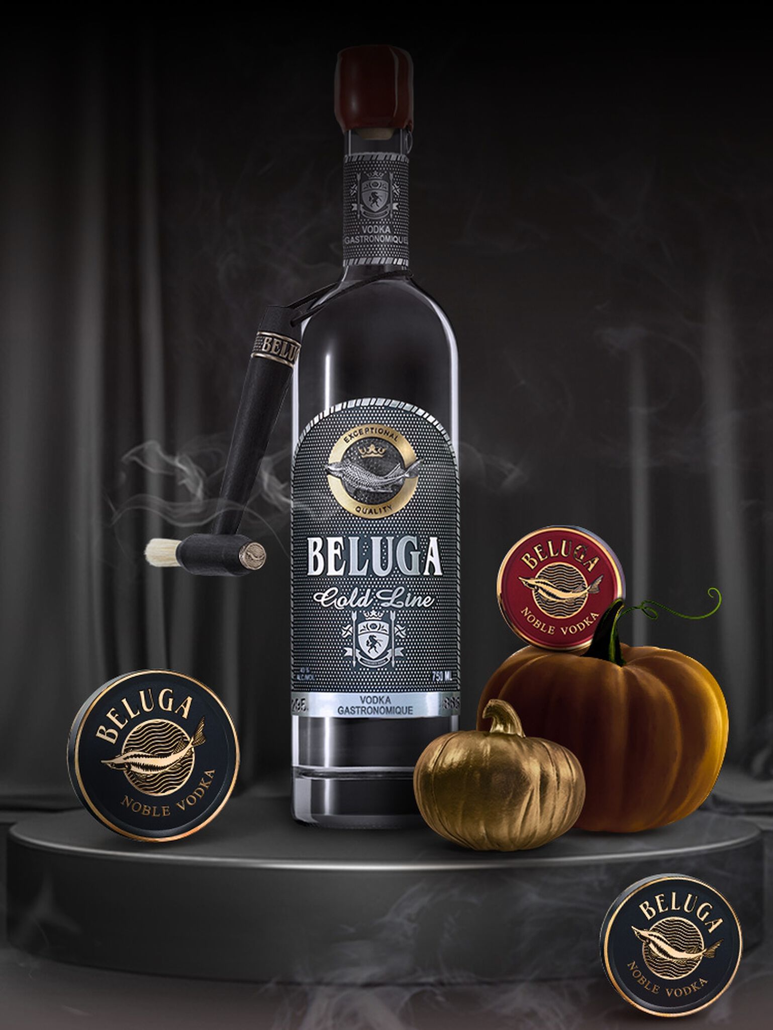 Bottle of Beluga Gold Line Vodka with Pumpkins and cocktails