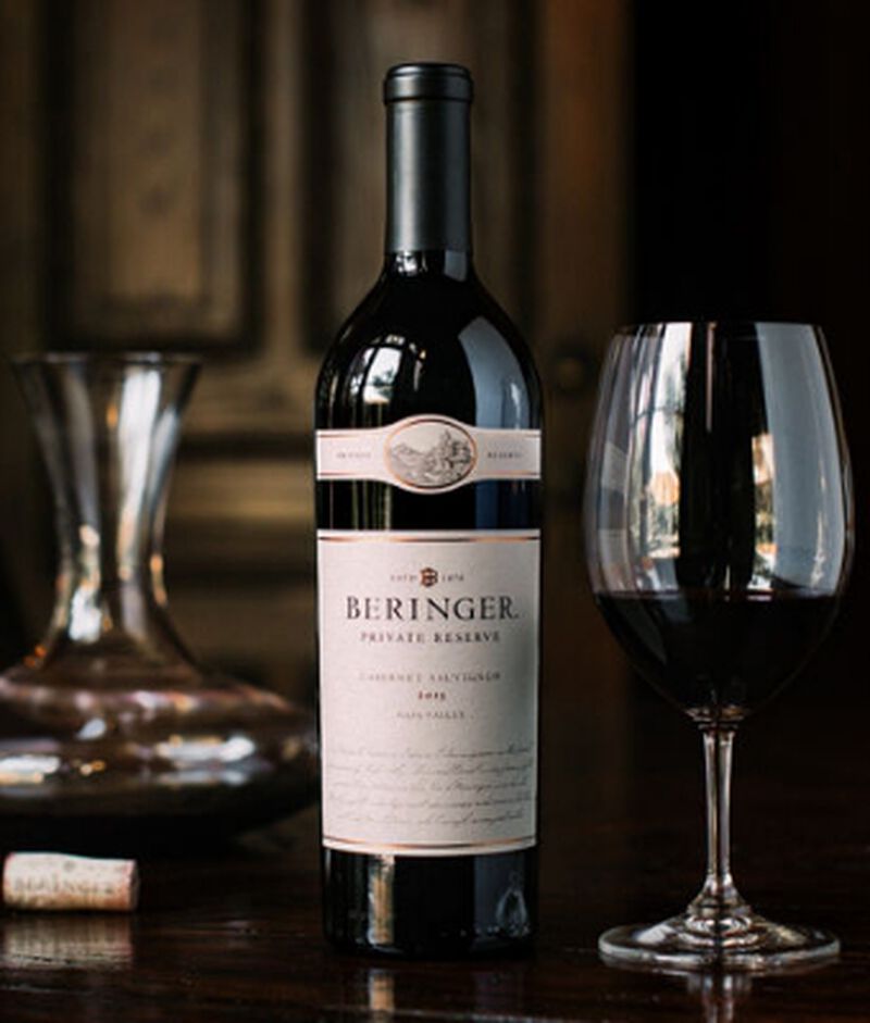 Bottle of Beringer "Private Reserve" Napa Valley Cabernet Sauvignon with a glass and decanter