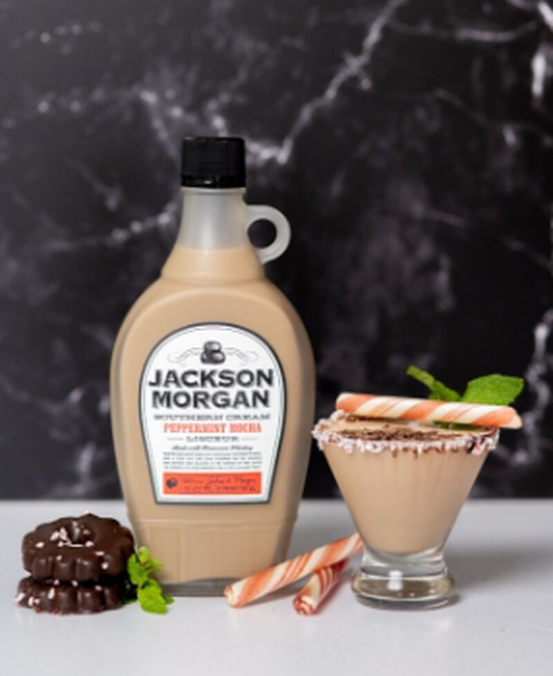 Bottle of Jackson Morgan Southern Cream Peppermint Mocha with a cocktail