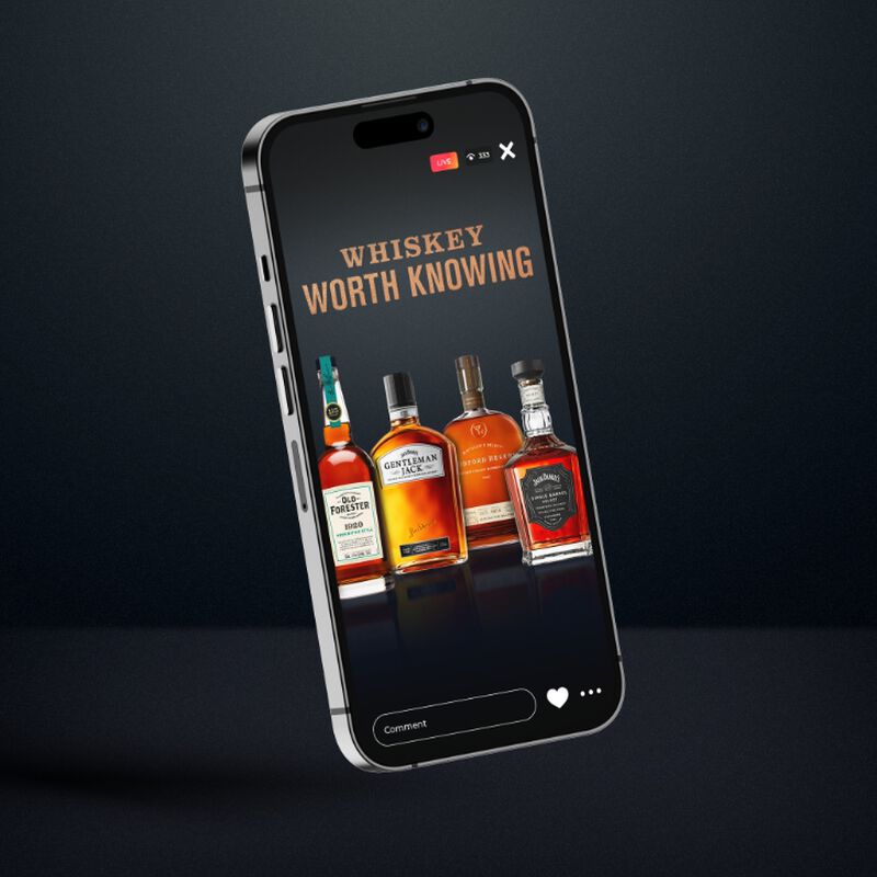 Bottles of Brown-Forman Whiskeys worth knowing, ready for a Live Virtual Tasting Experience on an iphone