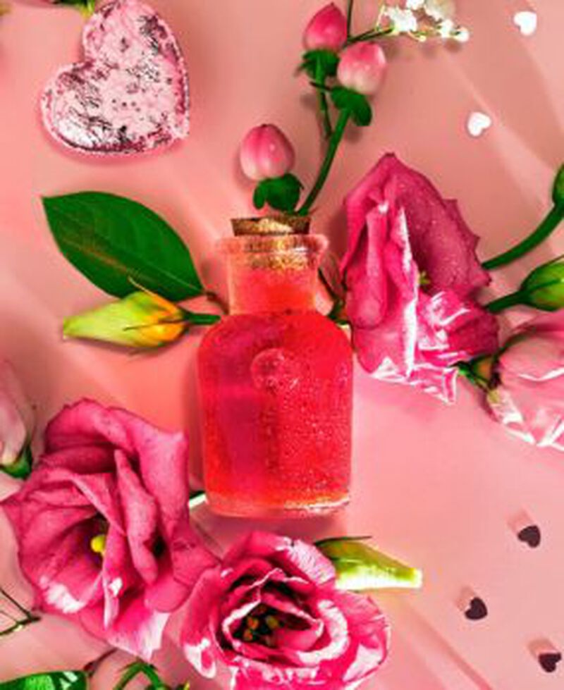 A pink cocktail potion with flowers