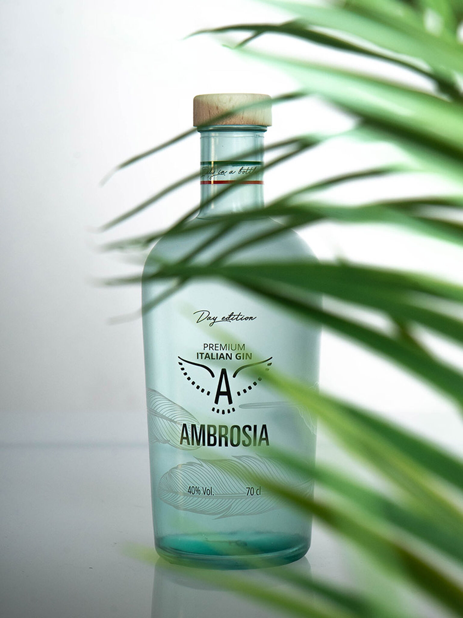 Ambrosia Gin bottle with palm