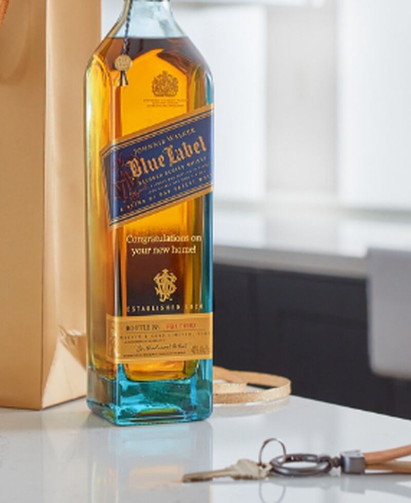 A bottle of Johnnie Walker Blue Label with custom engraving