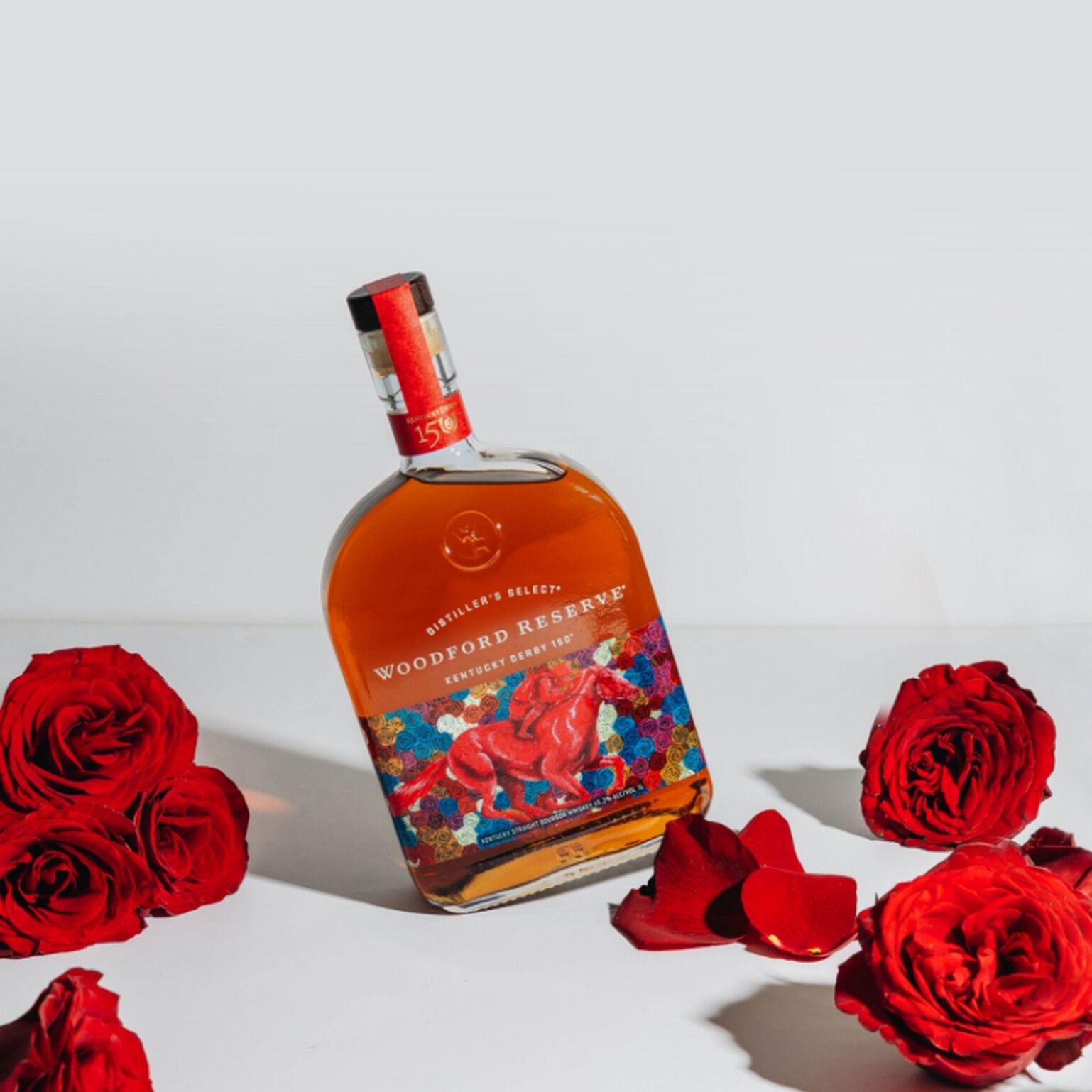 Bottle of Woodford Reserve Kentucky Derby 150 with roses