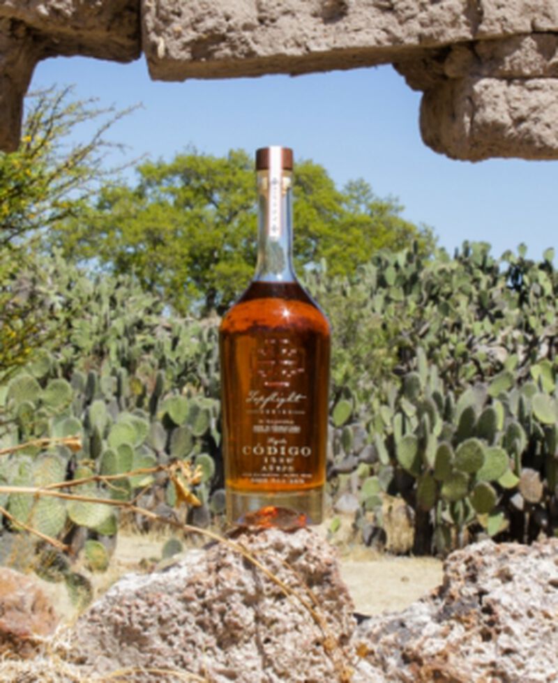 Bottle of Código 1530 Double Cask Finished Single Barrel Añejo S1B20 sitting on a rock in front of cacti