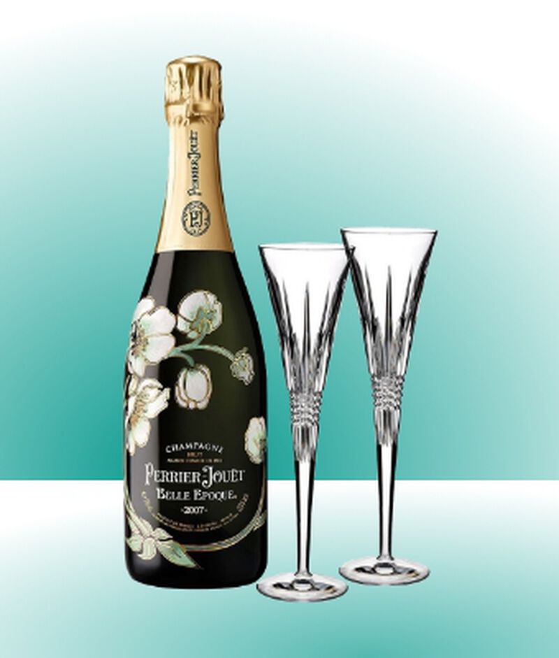 Bottle of Perrier-Jouet Belle Epoque Vintage With Waterford Lismore Diamond Toasting Flute Pair