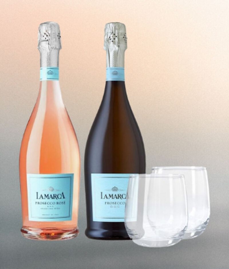 Two bottles of La Marca Prosecco and Prosecco Rose with glassware bundle
