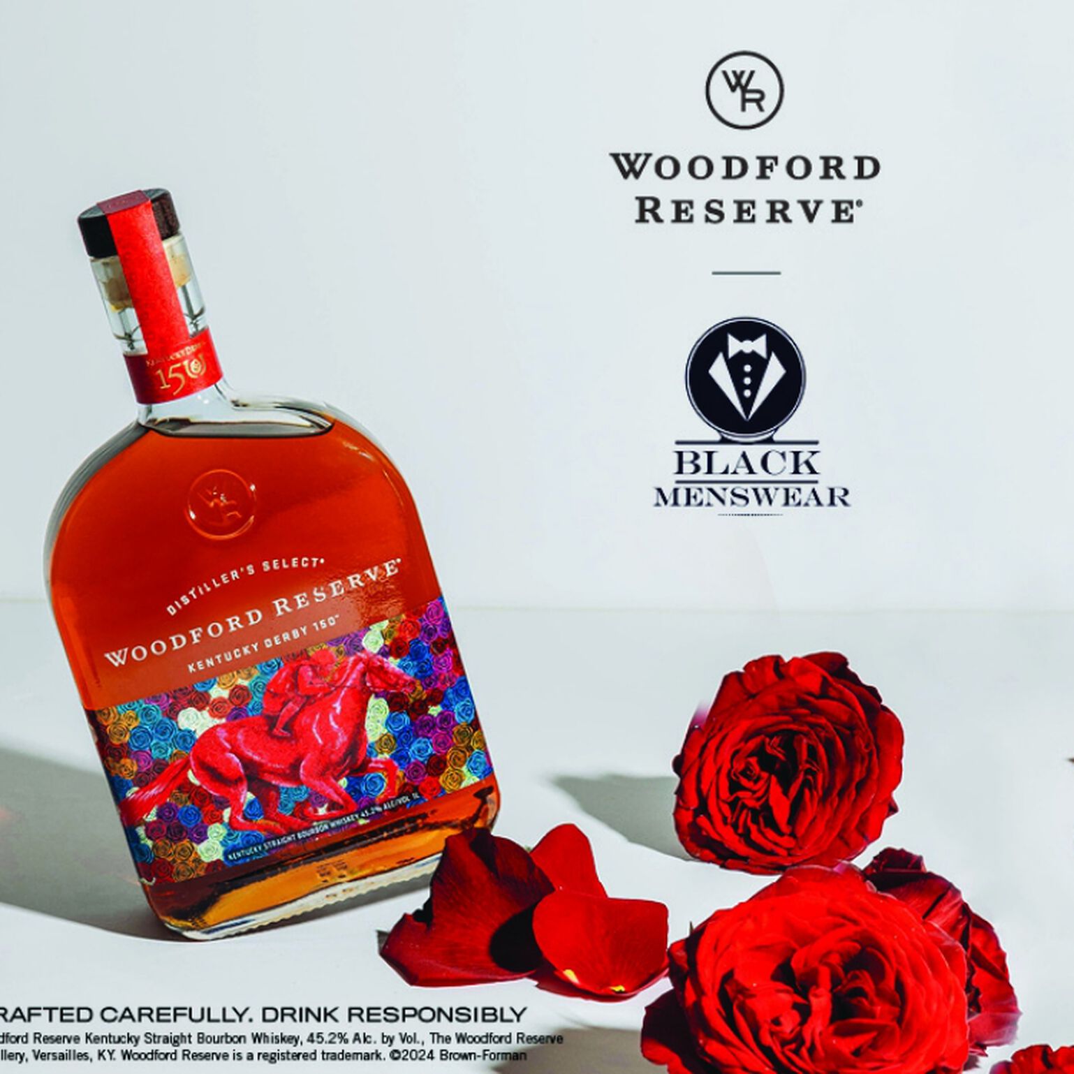 Woodford Reserve 2024 Kentucky Derby Bottle with some roses and Black Menswear logo
