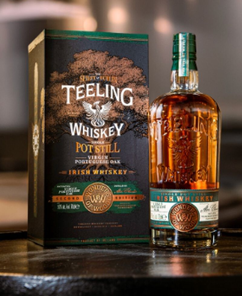 A bottle of Teeling Wonders of Wood Single Pot Still Irish Whiskey Virgin Portuguese Oak Finish